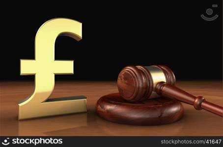 Law, lawyer and money with UK pound sterling icon and symbol and a judge gavel on a wooden desktop cost of justice concept.
