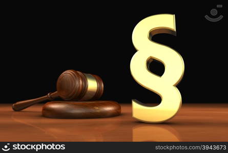 Law, legality and legal system concept with a golden paragraph symbol and a wooden gavel on a desktop with black background.