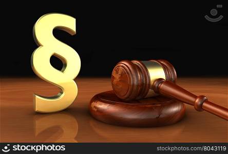 Law, legality and legal system concept with a golden paragraph symbol and a wooden gavel on a desktop with black background.