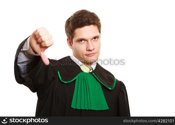 Law. Man lawyer attorney in polish (Poland) black green gown showing thumb down failure hand sign gesture isolated on white