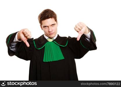 Law. Man lawyer attorney in polish (Poland) black green gown showing thumb down failure hand sign gesture isolated on white