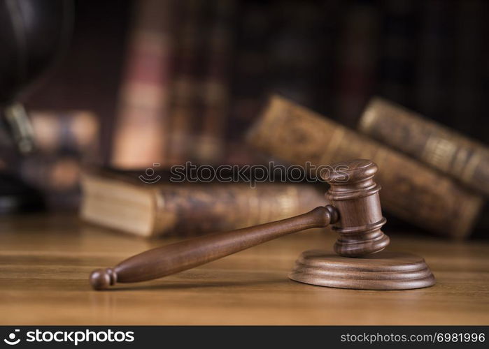 Law theme, mallet of judge, wooden gavel