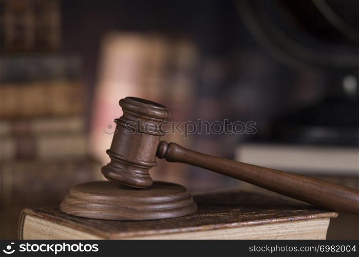 Law theme, mallet of judge, wooden gavel