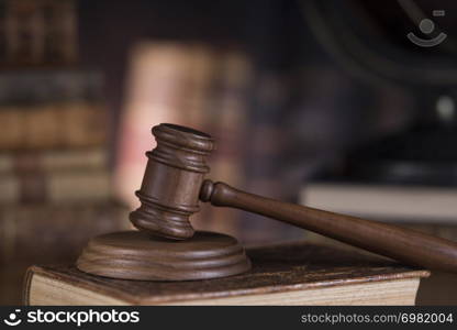 Law theme, mallet of judge, wooden gavel