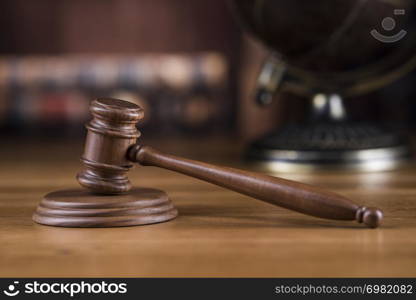 Law theme, mallet of judge, wooden gavel