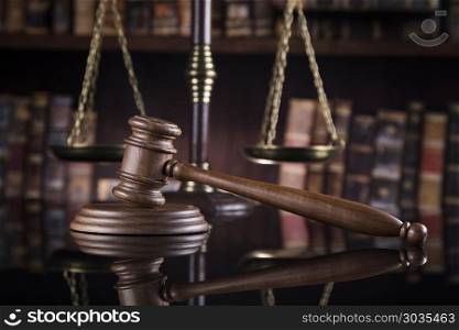 Law theme, mallet of the judge, justice scale, mirror reflection. Law theme, mallet of judge, wooden gavel, mirror reflection background