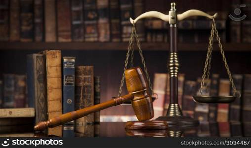 Law theme, mallet of the judge, wooden desk, books. law theme, mallet of the judge, justice scale, books, wooden desk