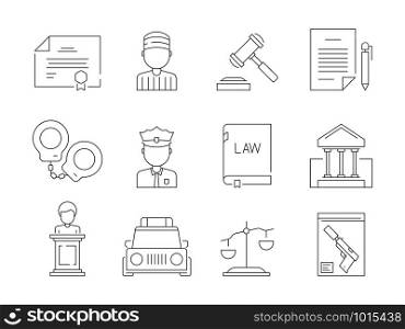 Law thin icon. Legal lawyer criminal judgement sheriff and police justice punishment vector symbols isolated. Illustration of legal and justice, judge and court. Law thin icon. Legal lawyer criminal judgement sheriff and police justice punishment vector symbols isolated