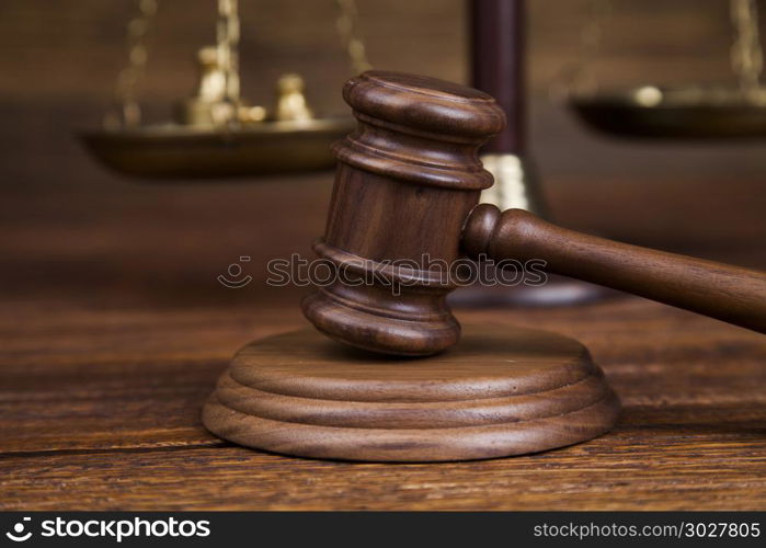 Law wooden gavel barrister, justice concept, legal system . Law and justice concept, legal code and scales