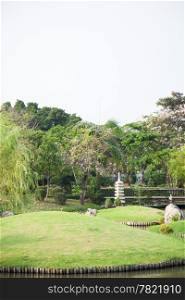 Lawn set in the garden. Ponds within the park.