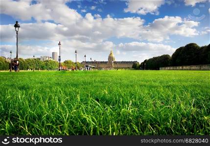 Lawn with green grass near Les Invalides in Paris, France