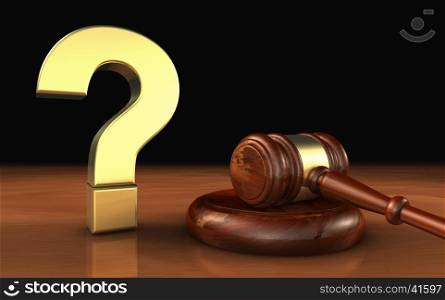 Laws and legal questions concept 3d illustration with a golden question mark symbol and a wooden judge gavel.