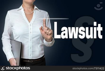 Lawsuit touchscreen is operated by businesswoman.. Lawsuit touchscreen is operated by businesswoman