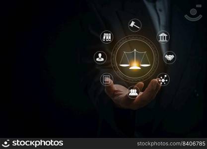 Lawyer businessman holding law innovation network icons. Legal advice Lawyer Attorney at Law. Business finance concept.