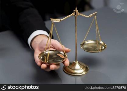 Lawyer in a black suit sits attentively on his office desk with a golden scale balance, symbol of legal justice and integrity, balanced and ethical decision making in the court of law. equility. Lawyer in black suit with golden scale balance in office. equility
