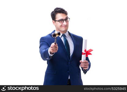 Lawyer law student with a gavel isolated on white background