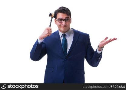 Lawyer law student with a gavel isolated on white background
