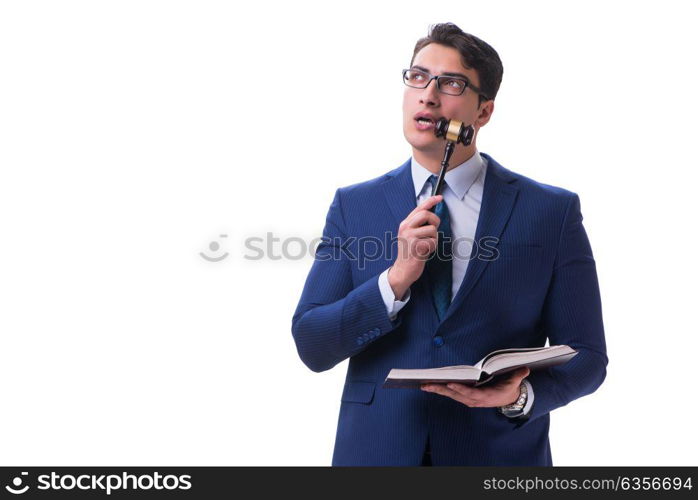 Lawyer law student with a gavel isolated on white background