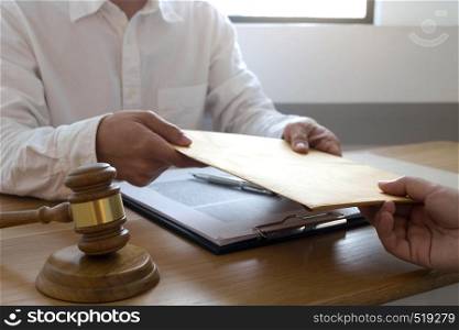 Lawyer send a contract documents to client in office. consultant lawyer, attorney, court judge, concept.
