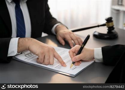 Lawyer signing contract, professional lawyer in law firm library drafting legal document or contract agreement ensuring lawful protection for client’s dispute as fairness advocate concept. Equilibrium. Lawyers signing contract in law firm library concept. Equilibrium