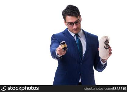Lawyer with a gavel and a moneybag money bad isolated on white