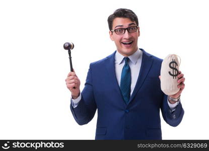 Lawyer with a gavel and a moneybag money bad isolated on white