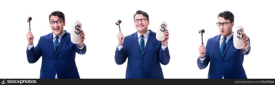 Lawyer with a gavel and a moneybag money bad isolated on white