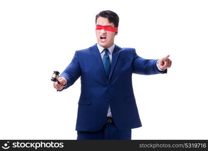 Lawyer with blindfold holding a gavel isolated on white