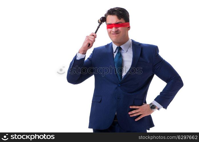 Lawyer with blindfold holding a gavel isolated on white