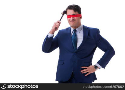 Lawyer with blindfold holding a gavel isolated on white