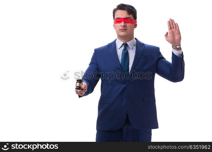 Lawyer with blindfold holding a gavel isolated on white