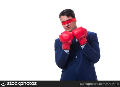 Lawyer with blindfold wearing boxing gloves isolated on white