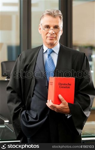 Lawyer with civil law code in a court room