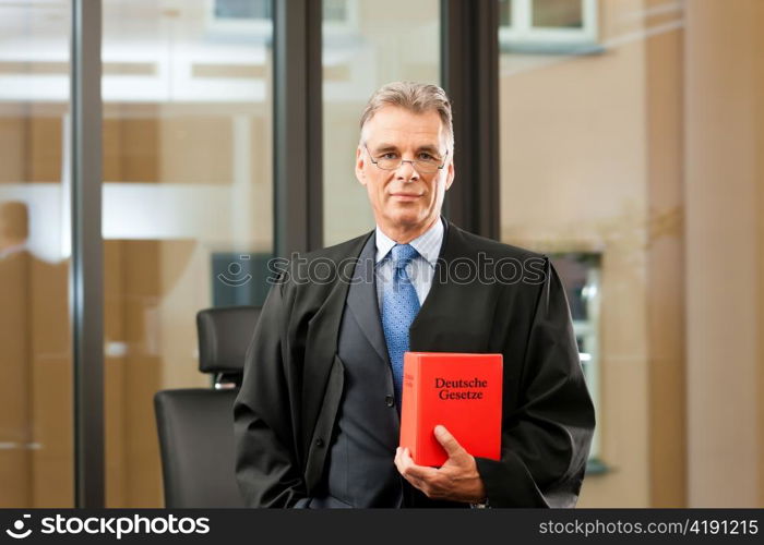 Lawyer with civil law code in a court room