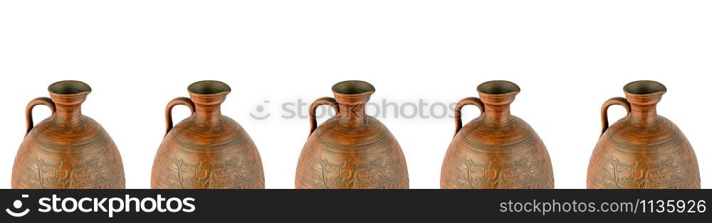 ?lay amphora Isolated on white background. Panoramic collage. Wide photo with free space for text.