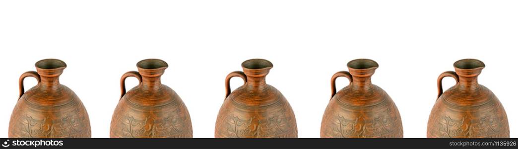 ?lay amphora Isolated on white background. Panoramic collage. Wide photo with free space for text.