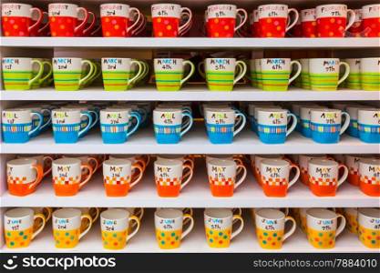 layer of colorful cups coffee or tea