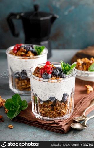 Layered blueberry and red currant parfait with chia yogurt, homemade oat granola and fresh berries for breakfast