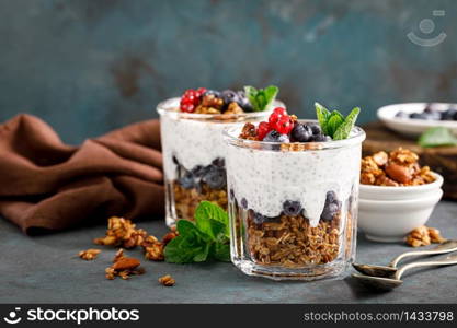 Layered blueberry and red currant parfait with chia yogurt, homemade oat granola and fresh berries for breakfast