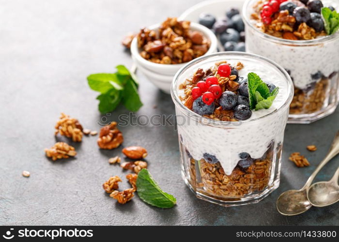 Layered blueberry and red currant parfait with chia yogurt, homemade oat granola and fresh berries for breakfast