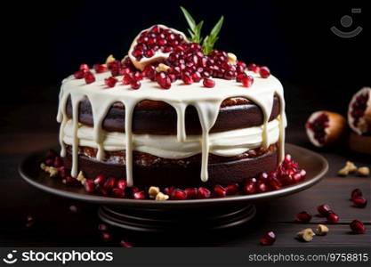 Layered chocolate cake with pomegranate and icing. Layered chocolate cake with pomegranate