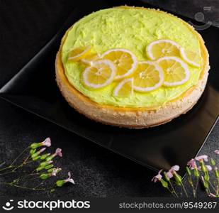 Layered Lemon Cheesecake on black plate