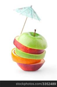Layers of apples and oranges under umbrella. Layers of apples and oranges under umbrella isolated on white background