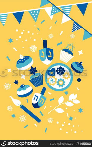 Layout for Festival of Lights invitation, Jewish greeting cards.. Banner, poster,greeting postcard Hanukkah with candles, dreidel, Jewish star, donut, cupcake, confetti. Layout for Festival of Lights invitation, Jewish greeting cards.