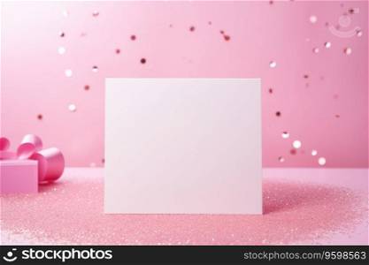 Layout of a white and pink sheet of paper on a pink background with sequins and rhinestones. A mock-up of a white postcard stands on a pink table with sequins and rhinestones