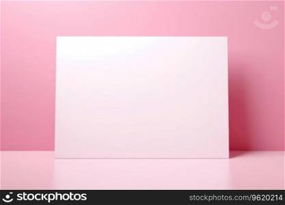 Layout of a white sheet for notes on a pink background, space for text. A mock-up of a white postcard stands on a pink table