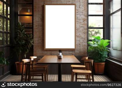 Layout of an empty frame on a brick wall in the dining room near the table. Layout of an empty frame on a brick wall in the dining room