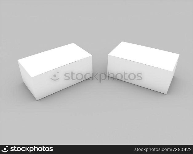 Layout of white cardboard boxes on a gray background. 3d render illustration.. Layout of white cardboard boxes.