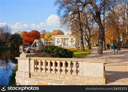 Lazienki Park in autumn with Palace on the Water in Warsaw, Poland