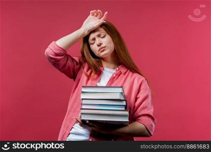 Lazy schoolgirl or student is dissatisfied with amount of books homework on pink background. Girl with ginger hair in displeasure, she is annoyed, discouraged frustrated by studies. High quality photo. Lazy schoolgirl or student is dissatisfied with amount of books homework on pink background. Girl with long hair in displeasure, she is annoyed, discouraged frustrated by studies